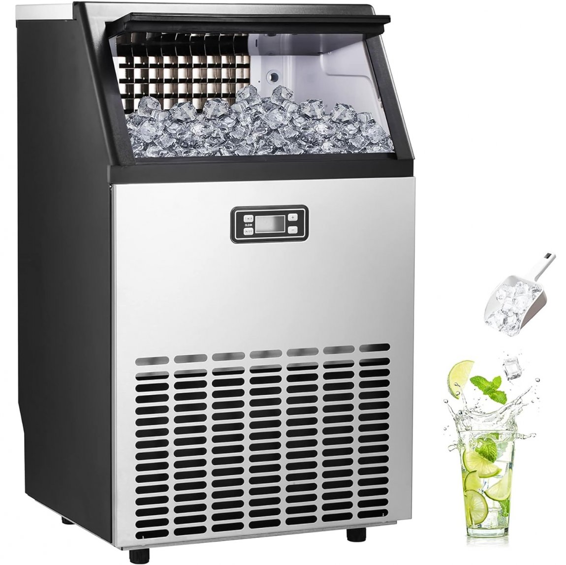 Ice Maker, Commercial Ice Machine,100Lbs/Day, Stainless Steel Ice Machine with 48 Lbs Capacity, Ideal for Restaurant, Bars, Home and Offices, Includes Scoop Silver