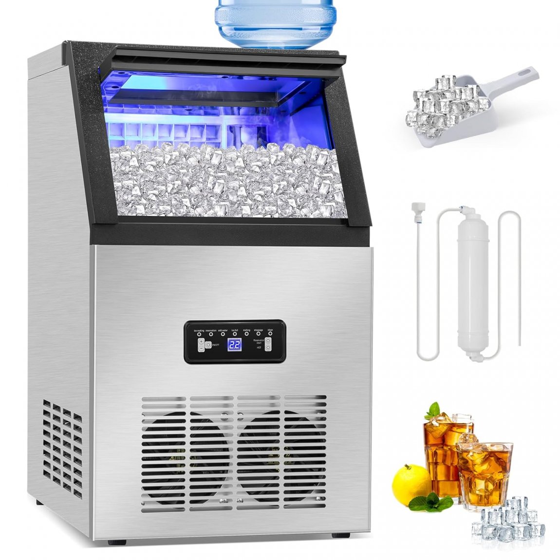 Commercial Ice Maker Machine, 500+ Bought in Past Month, Original Price: $399, Now: $247. 130Lbs/24H with 2 Water Inlet Modes, 36Pcs Ice Cubes in 8-15 Mins, Stainless Steel Under Counter/Freestanding Ice Machine with 28Lbs Storage Bin for Home / Shop / Off