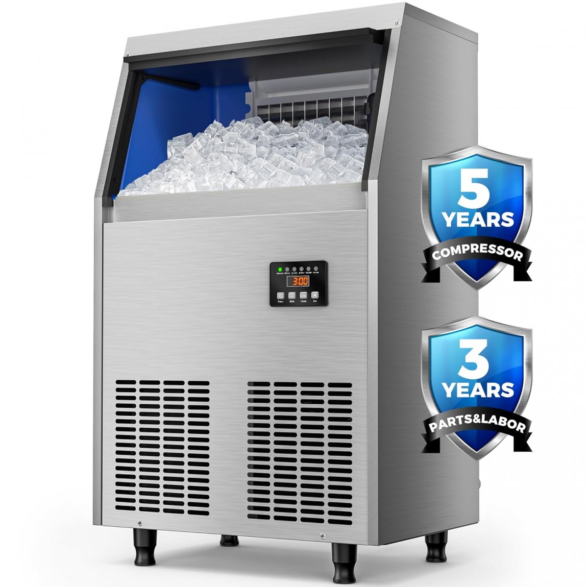 Commercial Ice Maker Machine, 100LBS/24H Stainless Steel Under Counter Ice Maker with 34LBS Ice Bin, Freestanding Ice Maker for Restaurant, Home, Bar, Office, School, Party