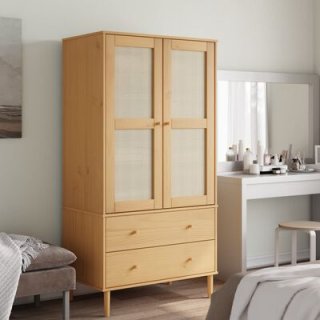 Classic Solid Pine Wood Wardrobe with Rattan Look - A Stylish Storage Solution for Your Home