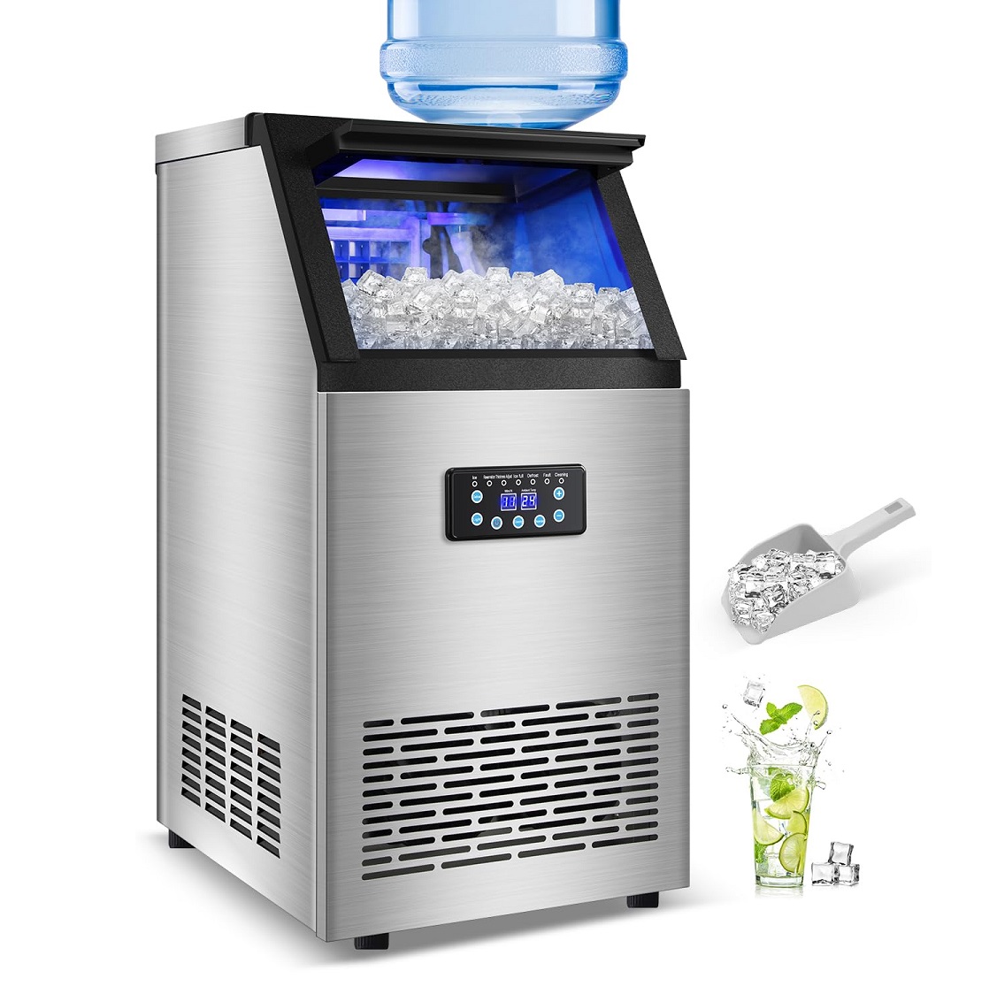 Commercial Ice Maker Machine 120LBS/24H with 30LBS Storage Bin, 15" Wide Undercounter/Freestanding Ice Maker Machine for Home Bar Outdoor, 40PCS Ice Cubes Ice Machine, Self Cleaning