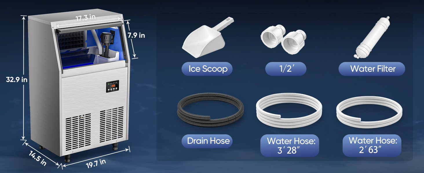 Ice Maker Machine Product Dimensions and all accessories